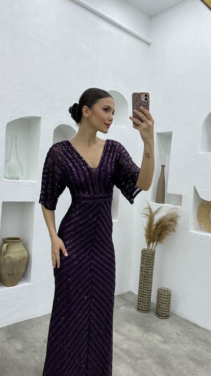 Plum Sequined V-Neck Long Evening Dress