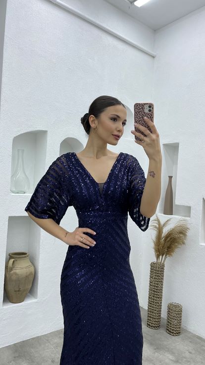 Lacivert Pul Payet V Yaka Uzun Abiye Elbise