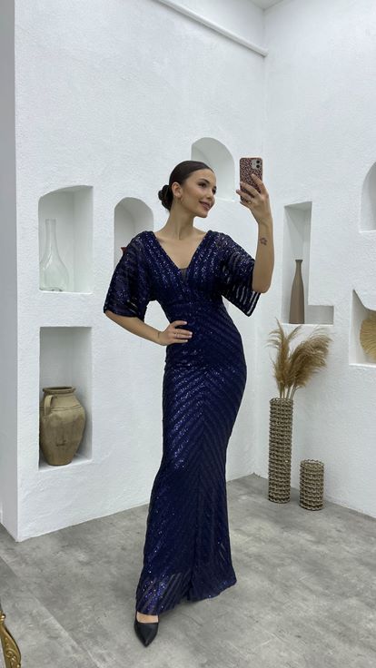 Lacivert Pul Payet V Yaka Uzun Abiye Elbise