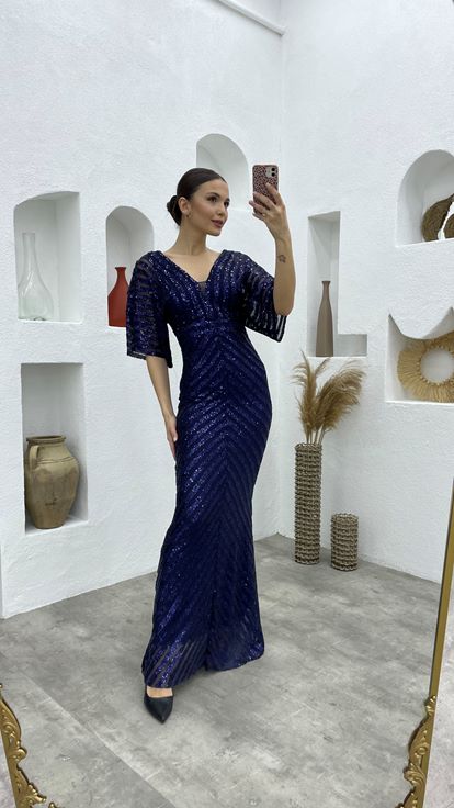 Lacivert Pul Payet V Yaka Uzun Abiye Elbise