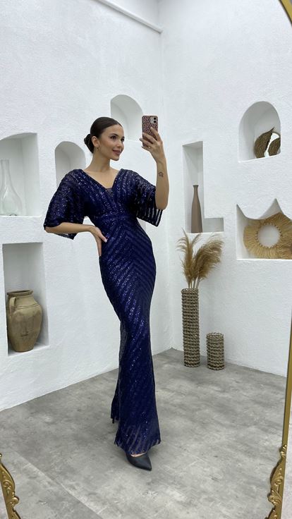 Lacivert Pul Payet V Yaka Uzun Abiye Elbise