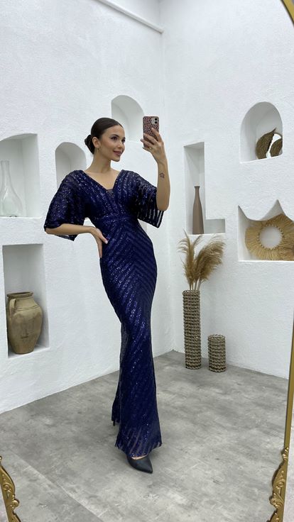 Lacivert Pul Payet V Yaka Uzun Abiye Elbise