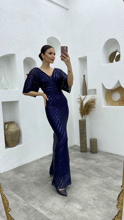 Lacivert Pul Payet V Yaka Uzun Abiye Elbise