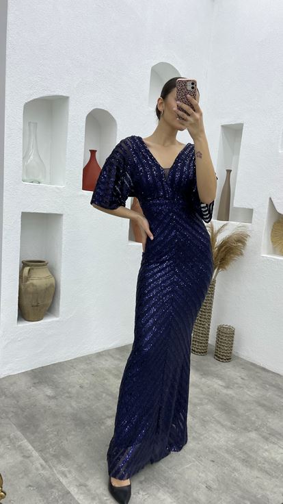 Lacivert Pul Payet V Yaka Uzun Abiye Elbise