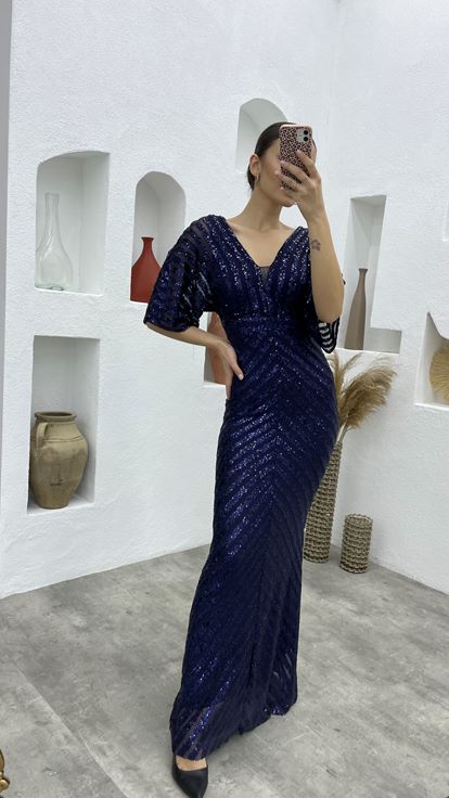 Lacivert Pul Payet V Yaka Uzun Abiye Elbise