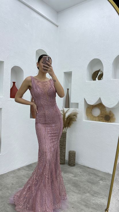 Powder Skirt Tulle Long Lace Evening Dress