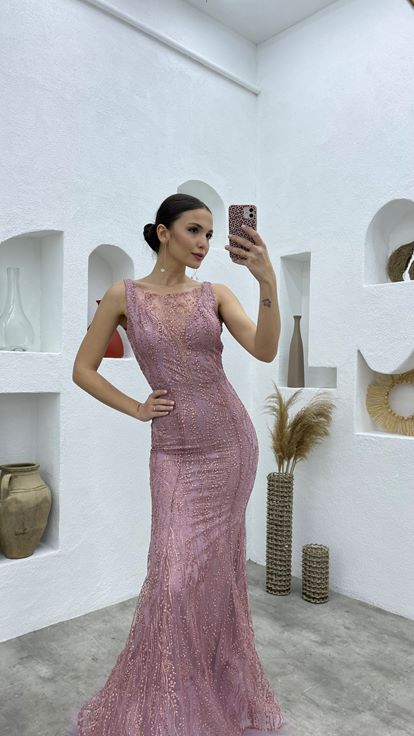 Powder Skirt Tulle Long Lace Evening Dress