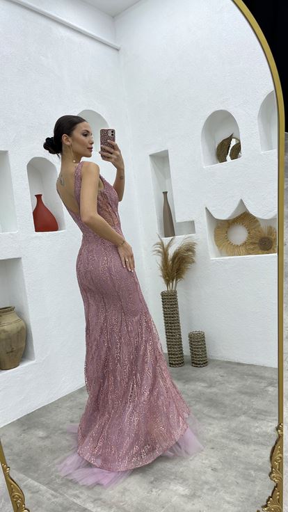 Powder Skirt Tulle Long Lace Evening Dress