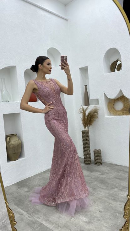 Powder Skirt Tulle Long Lace Evening Dress