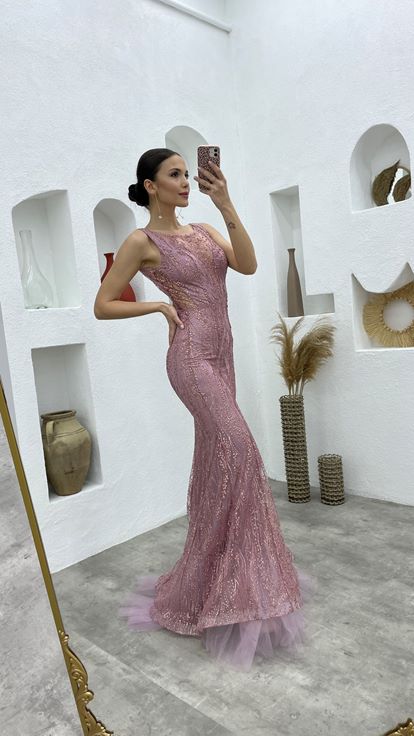 Powder Skirt Tulle Long Lace Evening Dress