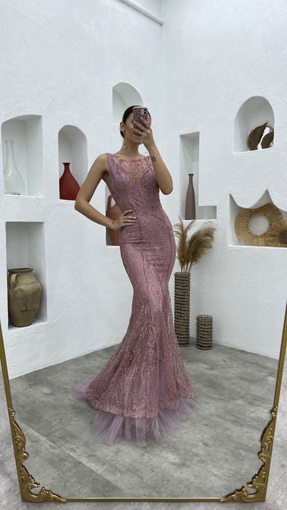 Powder Skirt Tulle Long Lace Evening Dress