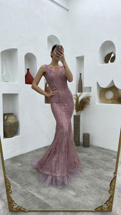 Powder Skirt Tulle Long Lace Evening Dress