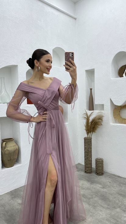 Powder Sash Detail Boat Neck Tulle Evening Dress