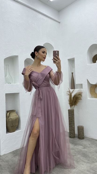 Powder Sash Detail Boat Neck Tulle Evening Dress