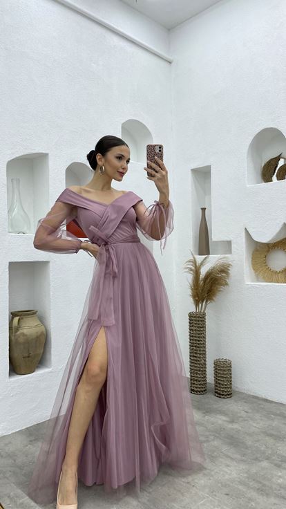 Powder Sash Detail Boat Neck Tulle Evening Dress