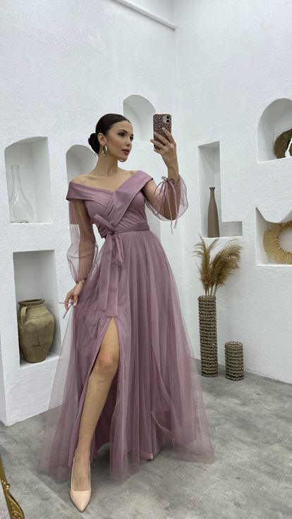 Powder Sash Detail Boat Neck Tulle Evening Dress