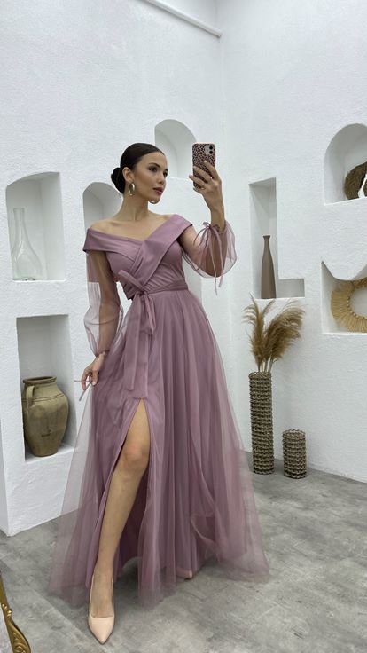 Powder Sash Detail Boat Neck Tulle Evening Dress