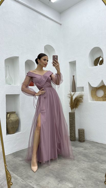 Powder Sash Detail Boat Neck Tulle Evening Dress