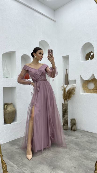 Powder Sash Detail Boat Neck Tulle Evening Dress