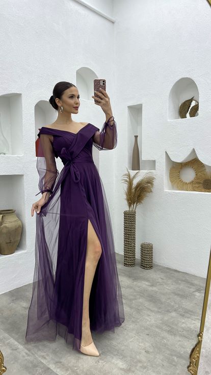 Plum Sash Detail Boat Neck Tulle Evening Dress