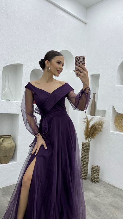 Plum Sash Detail Boat Neck Tulle Evening Dress