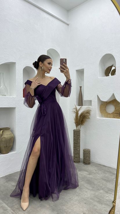 Plum Sash Detail Boat Neck Tulle Evening Dress