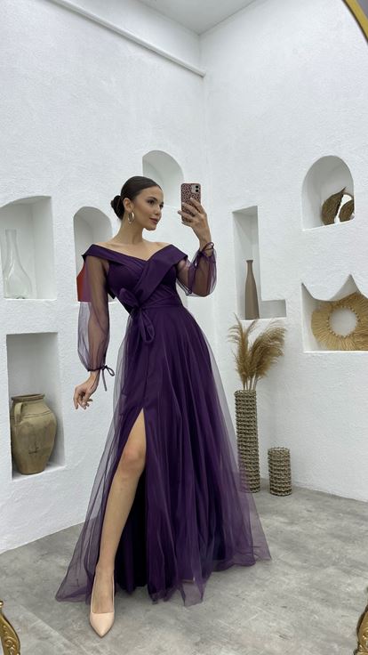 Plum Sash Detail Boat Neck Tulle Evening Dress