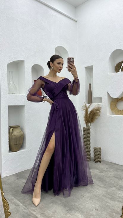 Plum Sash Detail Boat Neck Tulle Evening Dress
