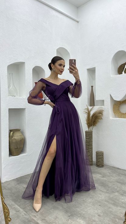Plum Sash Detail Boat Neck Tulle Evening Dress