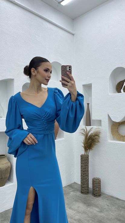 Blue Buttoned Belt Balloon Sleeve Evening Dress