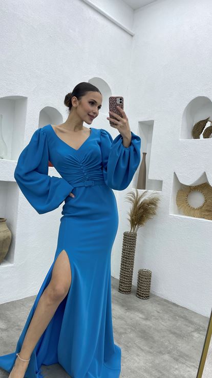 Blue Buttoned Belt Balloon Sleeve Evening Dress