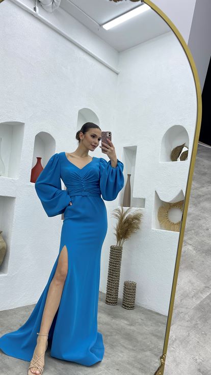 Blue Buttoned Belt Balloon Sleeve Evening Dress