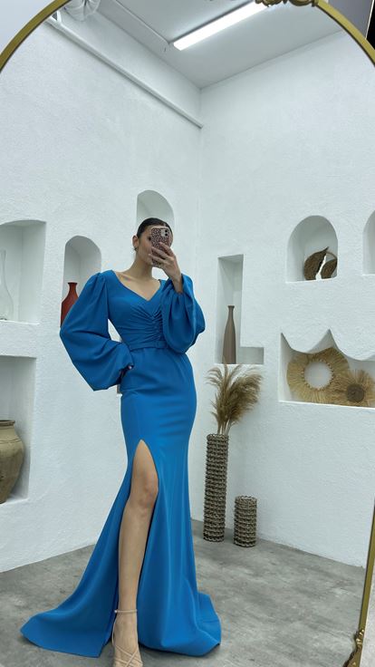 Blue Buttoned Belt Balloon Sleeve Evening Dress