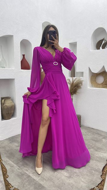 Fuchsia Skirt Flounce Belt Design Evening Dress