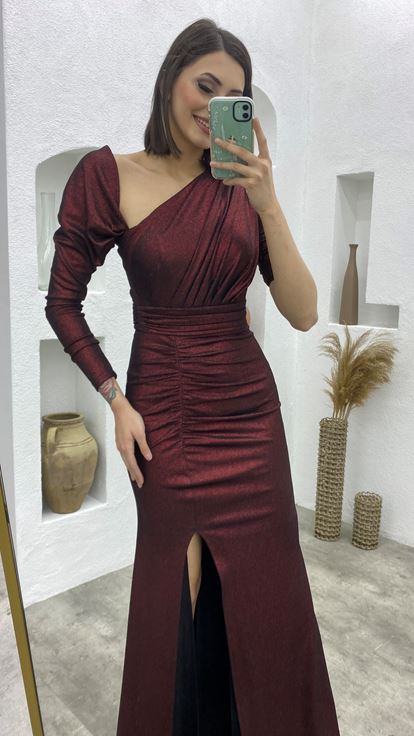Claret Red Asymmetric Cut Smocking Detail Glittery Evening Dress