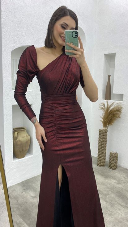Claret Red Asymmetric Cut Smocking Detail Glittery Evening Dress