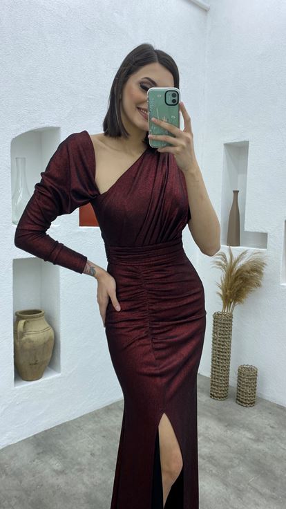 Claret Red Asymmetric Cut Smocking Detail Glittery Evening Dress