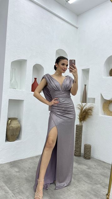 Powder Sleeveless Ruffle Detail Glittery Evening Dress