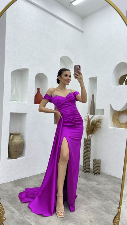 Purple Satin Evening Dress with Stones on the Breast