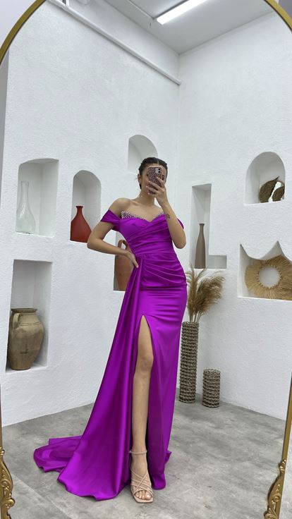 Purple Satin Evening Dress with Stones on the Breast