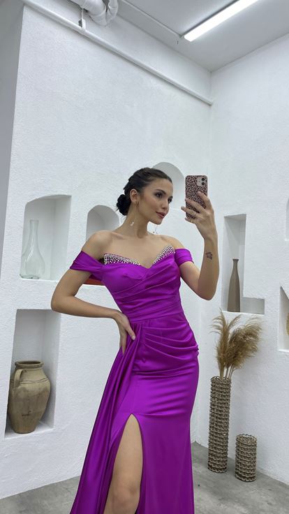Purple Satin Evening Dress with Stones on the Breast