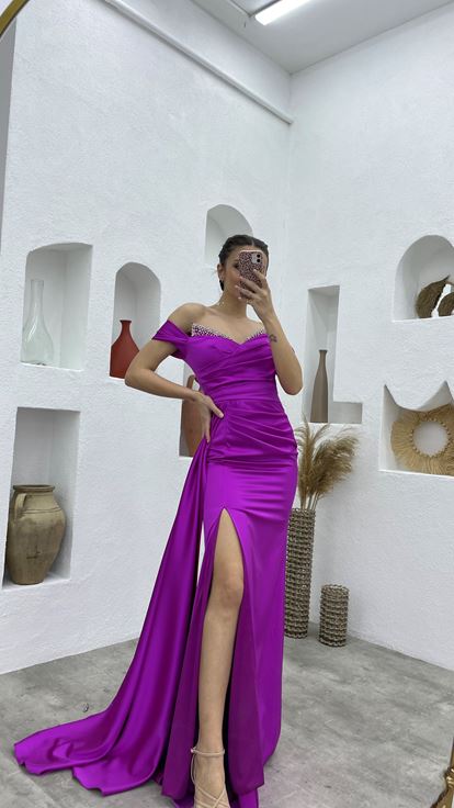 Purple Satin Evening Dress with Stones on the Breast