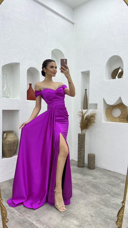 Purple Satin Evening Dress with Stones on the Breast