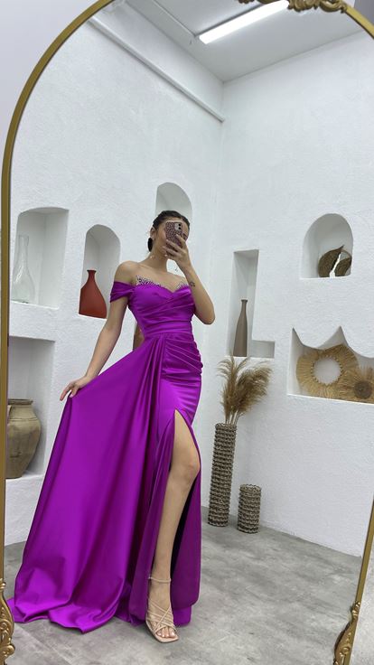Purple Satin Evening Dress with Stones on the Breast