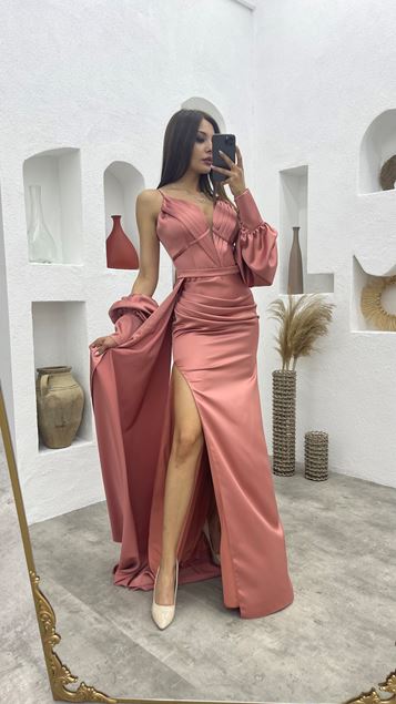 Powder Rope Strap Sleeve Detail Draped Satin Evening Dress