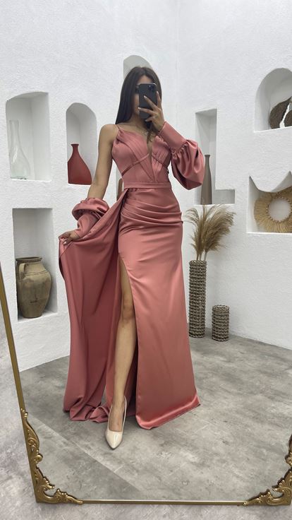 Pudra İp Askılı Kol Detay Drapeli Saten Abiye Elbise Aller