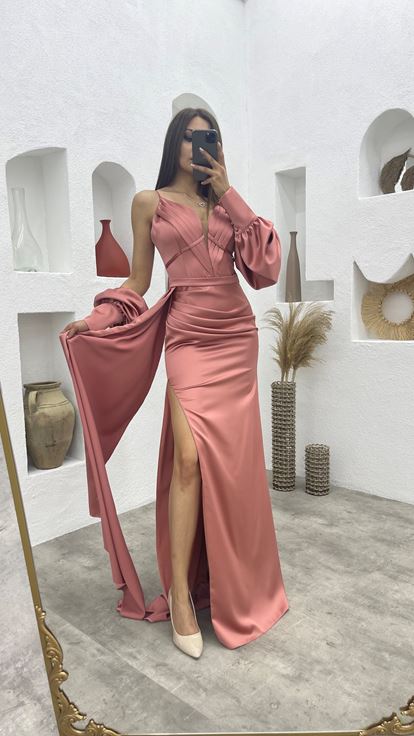 Pudra İp Askılı Kol Detay Drapeli Saten Abiye Elbise Aller