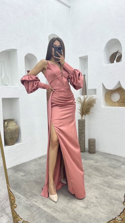 Pudra İp Askılı Kol Detay Drapeli Saten Abiye Elbise Aller