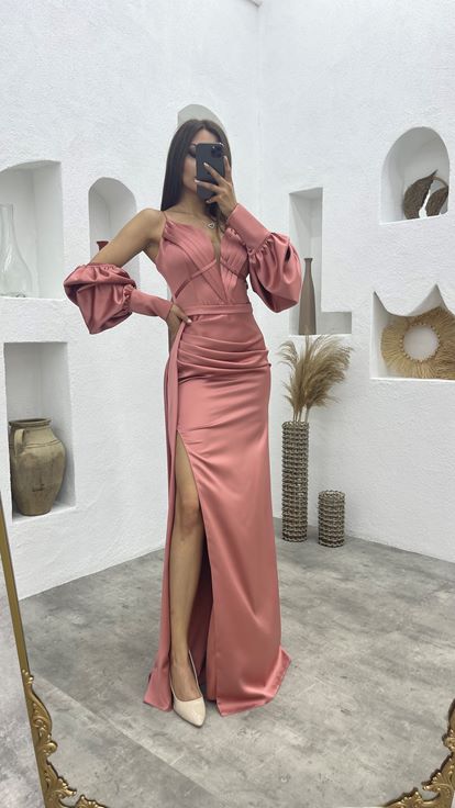 Pudra İp Askılı Kol Detay Drapeli Saten Abiye Elbise Aller