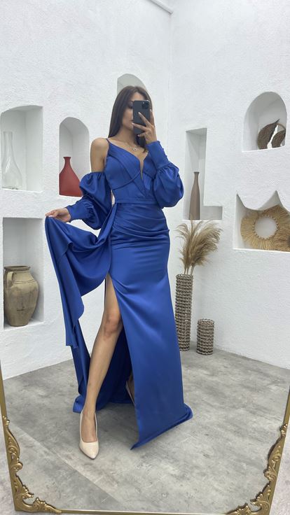 Mavi İp Askılı Kol Detay Drapeli Saten Abiye Elbise Aller